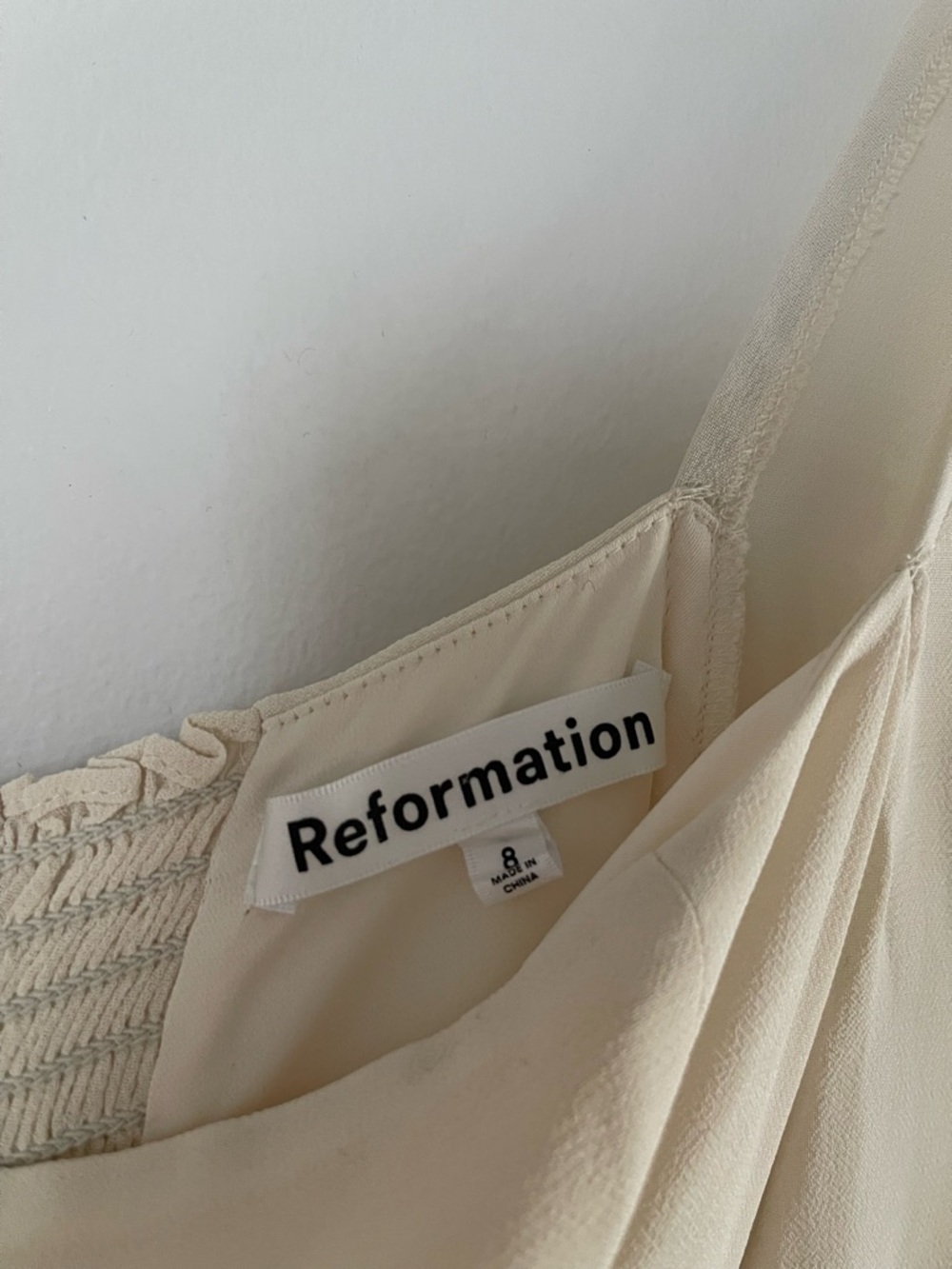 Reformation Cream Long Sleeve Mini Dress with Black Velvet waist tie - Picture 3 of 3